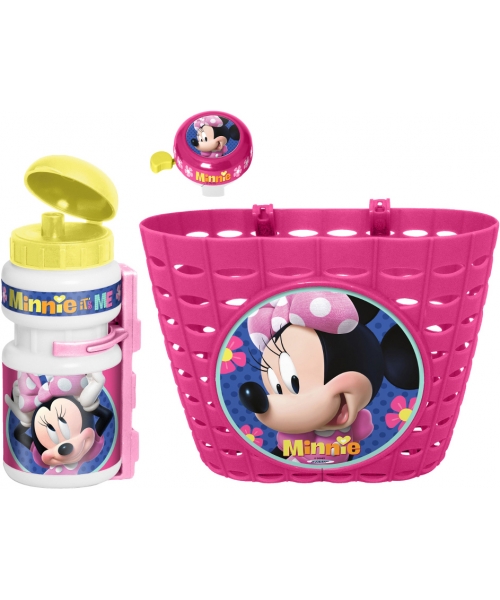 Aksesuarai bei priedai dviračiams Minnie: Rinkinys vaikiškam dviračiui (krepšelis, skambutis, gertuvė) Minnie Mouse