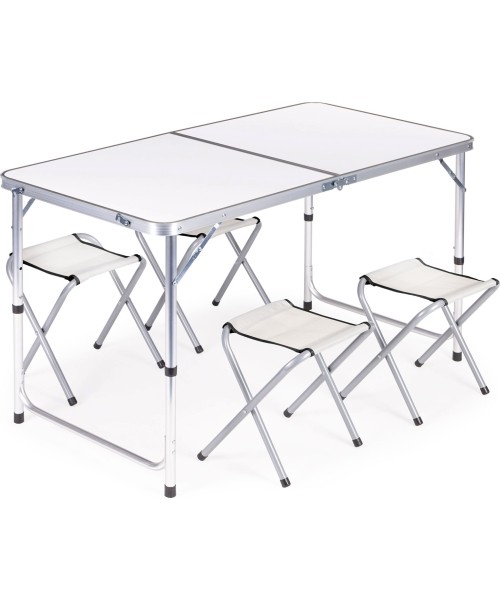 Tables ModernHOME: Turistinių stalų rinkinys sulankstomas stalas ir 4 kėdės baltos spalvos