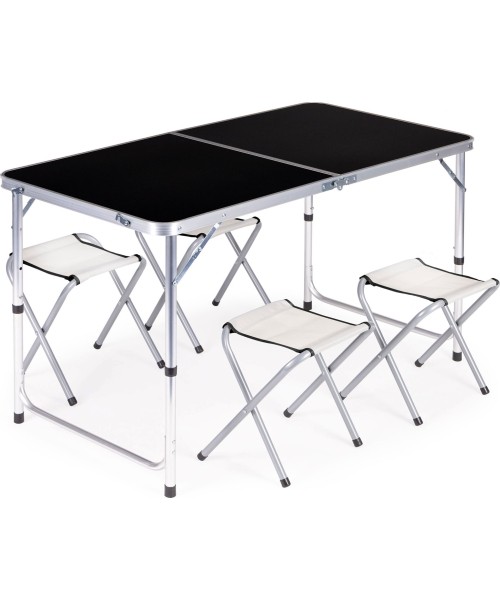 Tables ModernHOME: Turistinių stalų rinkinys sulankstomas stalas ir 4 kėdės juodos spalvos