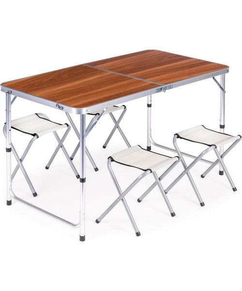 Stalai ModernHOME: Turistinių stalų rinkinys sulankstomas stalas ir 4 kėdės rudos spalvos