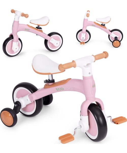 Vaikiški paspirtukai Eco Toys: Krosinis dviratis su pedalais - mokomasis dviratis su šoniniais ratais 3W1 rožinės spalvos ECO...