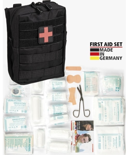 Stovyklavimo aksesuarai MIL-TEC: BLACK LARGE 43-PIECE FIRST AID SET LEINA