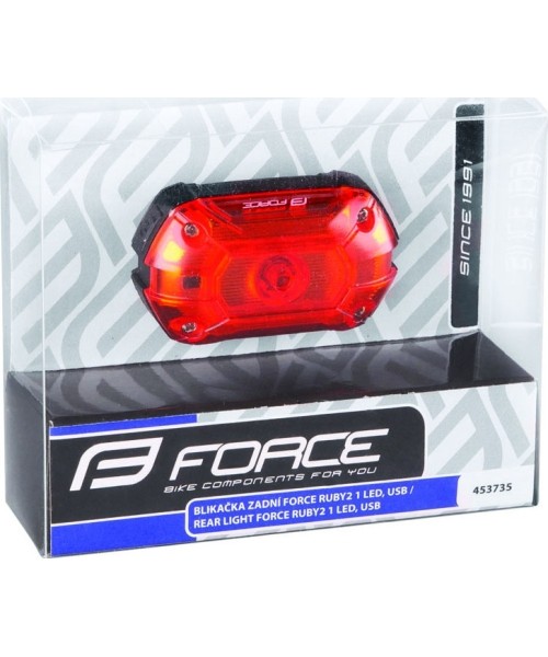 Aksesuarai bei priedai dviračiams : Galinis žibintas Force RUBY2 25L, 1LED, USB