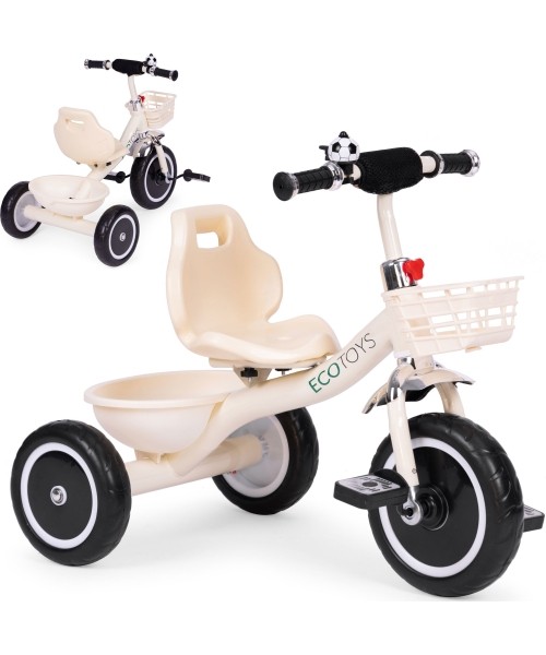 Children's Scooters Eco Toys: Triratukas su neslystančiomis rankenomis, varpelio krepšys, smėlio spalvos ECOTOYS