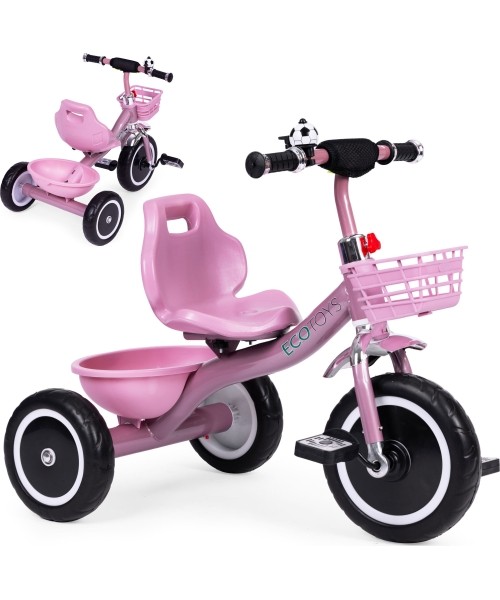 Children's Scooters Eco Toys: Triratukas su neslystančiomis rankenomis varpelio krepšys rožinis ECOTOYS