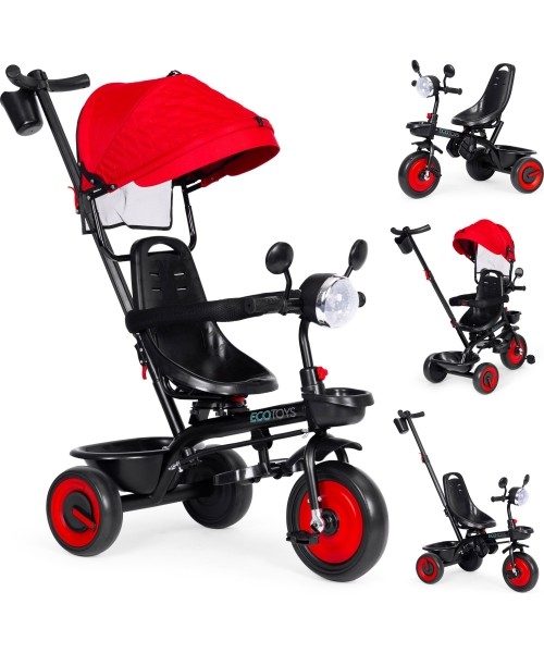 Children's Scooters Eco Toys: Baby tricycle stroller 3in1 swivel seat canopy red ECOTOYS