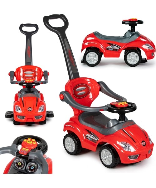 Go-Karts for Children : Raitelis, vaikštynė, stūmiklis 3in1 deluxe su muzikiniu skydeliu raudona