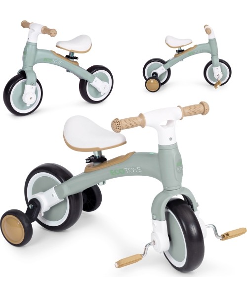 Vaikiški paspirtukai Eco Toys: Treniruočių dviratis su pedalais - treniruočių dviratis su šoniniais ratais 3W1 žalias ECOTOYS