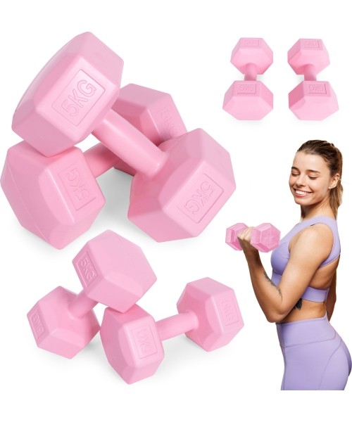 Dumbbells for Aerobics ModernHOME: Hantle sześciokątne zestaw 2x5 kg ciężarki do ćwiczeń obciążniki fitness różowe ModernHome