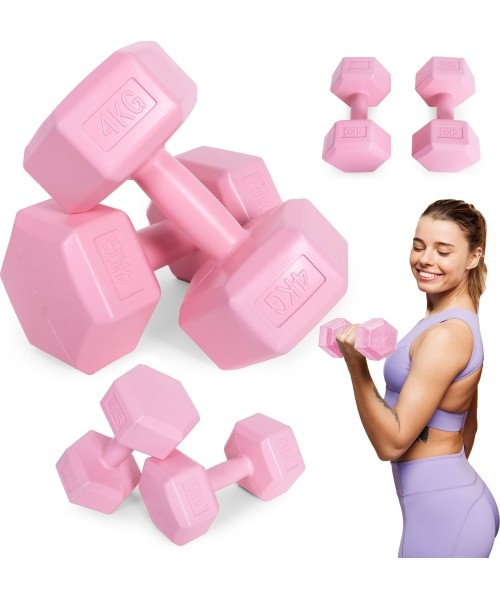 Dumbbells for Aerobics ModernHOME: Hantle sześciokątne zestaw 2x4 kg ciężarki do ćwiczeń obciążniki fitness różowe ModernHome