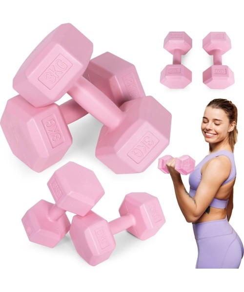 Dumbbells for Aerobics ModernHOME: Hantle sześciokątne zestaw 2x3 kg ciężarki do ćwiczeń obciążniki fitness różowe ModernHome