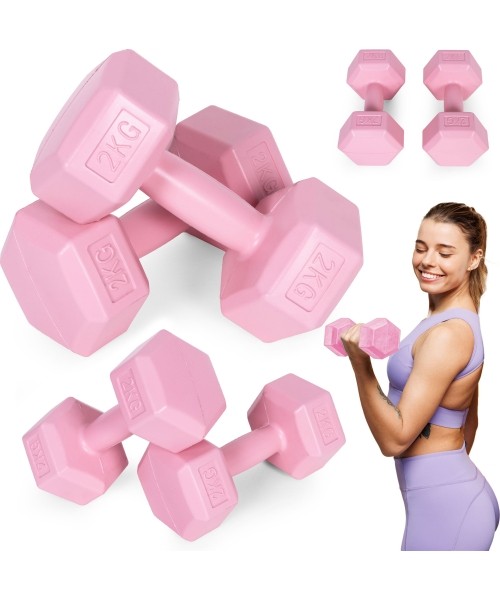 Dumbbells for Aerobics ModernHOME: Hantle sześciokątne zestaw 2x2 kg ciężarki do ćwiczeń obciążniki fitness różowe ModernHome