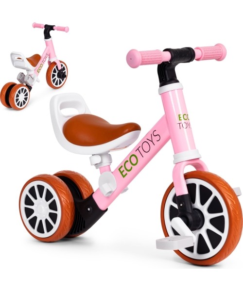 Vaikiški paspirtukai Eco Toys: Krosinis triratukas su pedalais 2in1 rožinės spalvos ECOTOYS