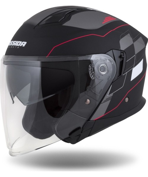 Motorolerių šalmai Cassida: Motociklininko šalmas Cassida Jet Tech RoxoR Matte Black/White/Red/Gray