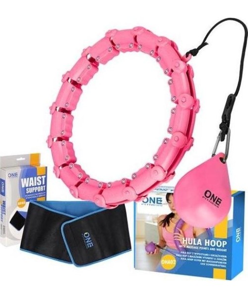 Lankai sukimui One Fitness: RINKINYS HULA HOOP OHA02 ROŽINIS SU SVORIU VIENAS FITNESAS + JUOSMENS ATRAMA BR160