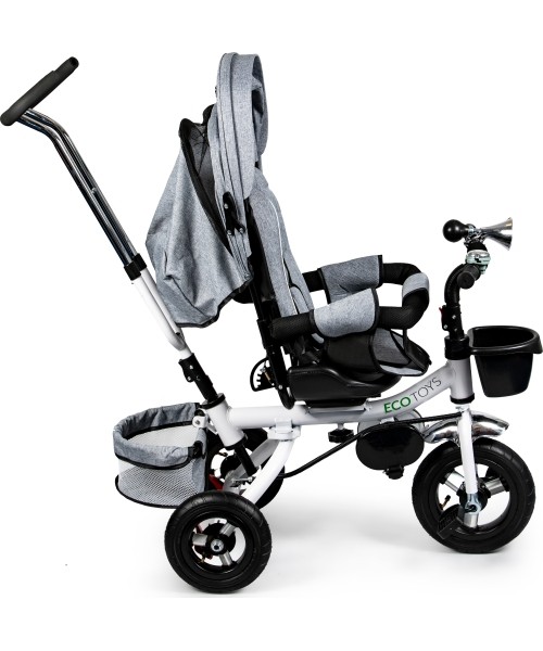 Vaikiški paspirtukai Eco Toys: 360° pilkasis "Delux" pasukamas triratukas su stogeliu ECOTOYS