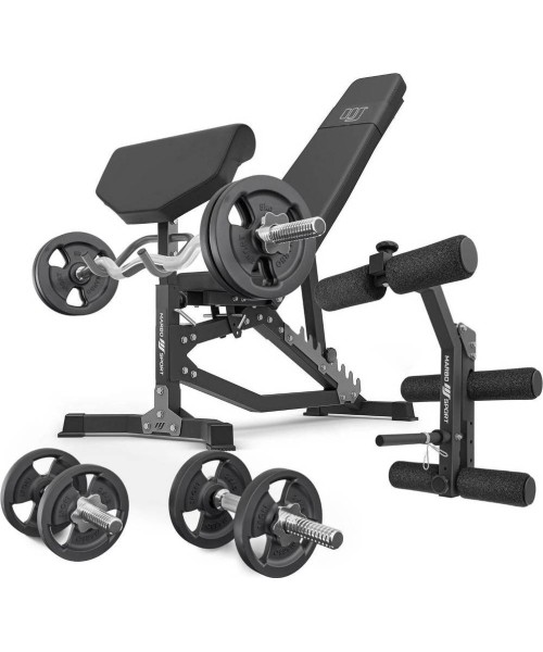 Štangų ir pritupimų stovai Marbo Sport: Komplektas MS39_2.0_42KG | Dvigubas reguliuojamas treniruočių suolas + maldos baras +...