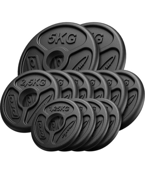 50 mm - Plieniniai svoriai Marbo Sport: Olimpinis ketaus svorių komplektas Marbo, 30kg / 2x5kg + 6x2.5kg + 4x1.25kg